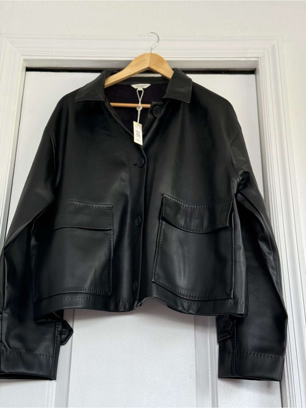 Max Studio Black Faux Leather Button-Front Jacket Oversized - Picture 2 of 16